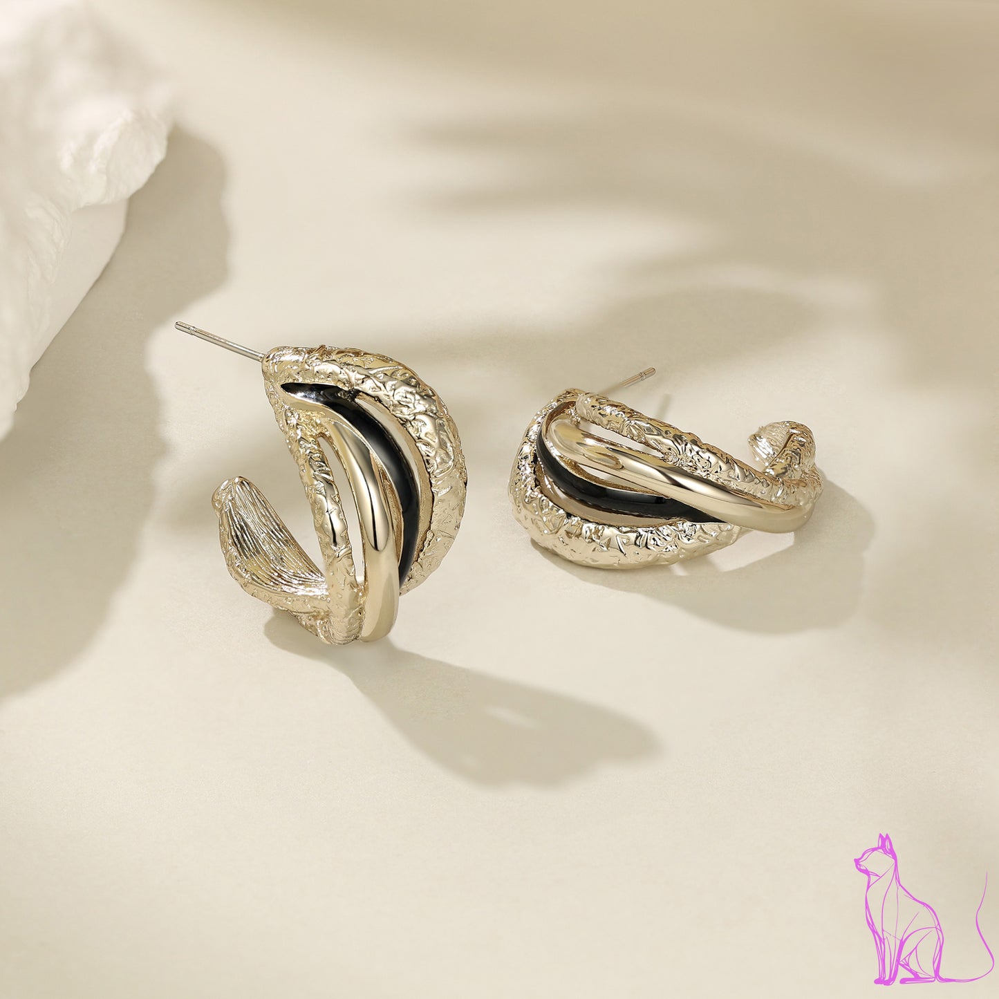 French designer copper-plated coffee gold enamel earrings geometric cross C-shaped luxury niche design earrings advanced