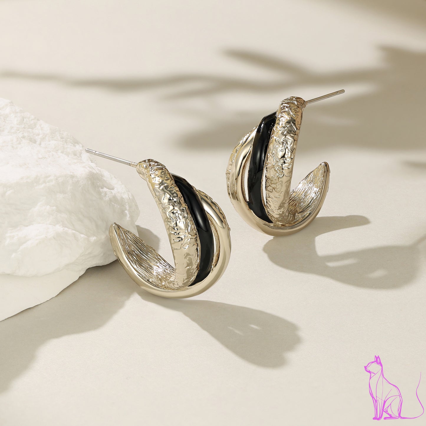 French designer copper-plated coffee gold enamel earrings geometric cross C-shaped luxury niche design earrings advanced